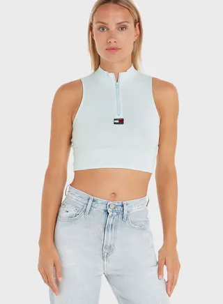 High Neck Zip Detail Logo Top