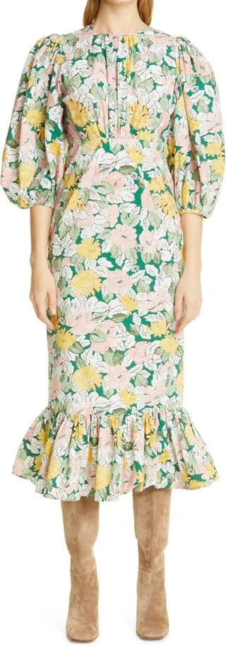 Floral Print Ruffle Cotton Midi Dress