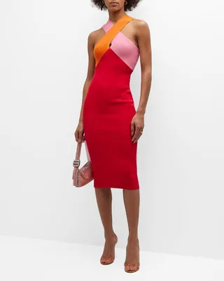 Dragon Fruit Colorblock Halter Midi Dress