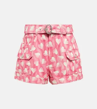 Heart-print high-rise denim shorts