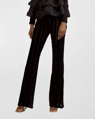 Mesh-Inset Striped Velvet Ribbon Flare Pants