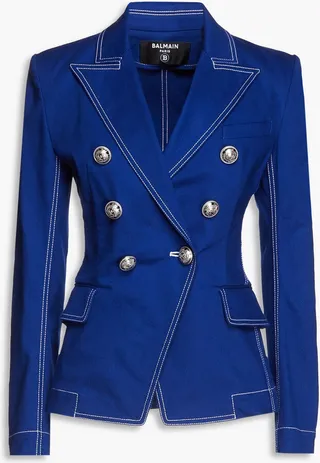 Double-breasted button-embellished denim blazer
