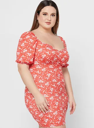 Red Plus Size Ditsy Floral Jersey Milkmaid Shoulder