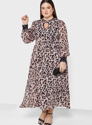 Keyhole Cuff Detail Printed Dress