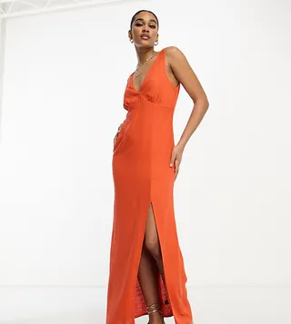 ASOS DESIGN Tall linen v neck maxi slip sundress in red