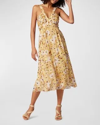Margot Ruched Floral-Print Chiffon Midi Dress