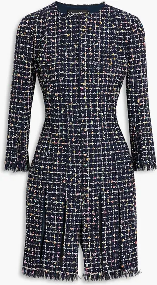 Frayed pleated metallic bouclé-tweed mini dress