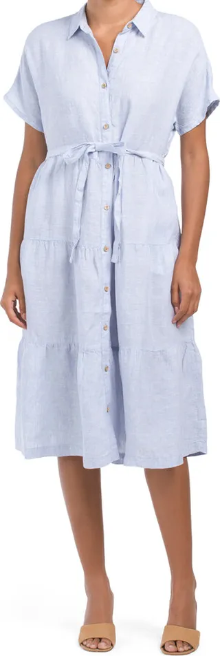 Linen Short Sleeve Button Front Tiered Midi Dress