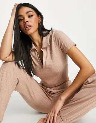 ASOS DESIGN mix & match lounge rib collared top in brown