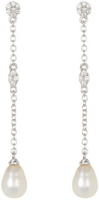 White Rhodium Plated Swarovski Crystal Accented & 7mm Freshwater Pearl Drop Earrings