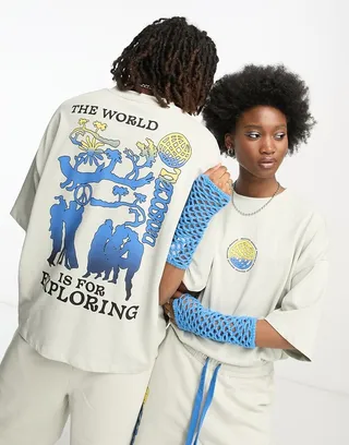 ASOS Daysocial unisex oversized T-shirt in heavyweight jersey with 'Exploring' graphic print in blue - part of a set