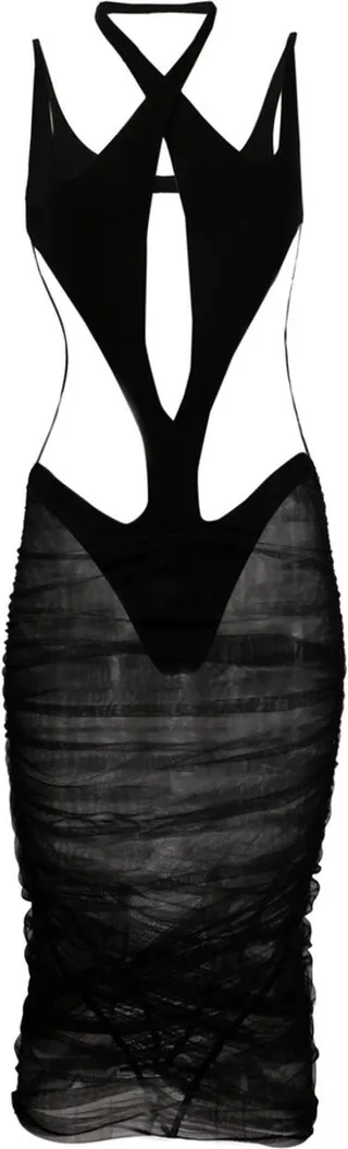 Black Sheer Panel Cutout Detail Midi Dress