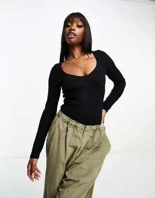 ASOS DESIGN rib bodysuit with bust seams and long sleeve in black