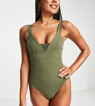 Accessorize plunge front with mesh insert swimsuit in olive