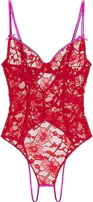 fleur du mal Magnolia Lace Ouvert Bodysuit in Red