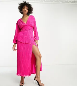 ASOS DESIGN Tall pleated midi dress with a belt in bright pink
