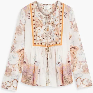 Printed silk crepe de chine-paneled gauze blouse