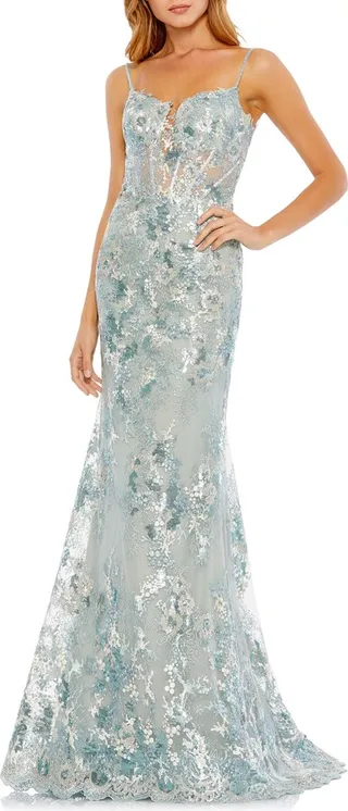 Sequin Floral Corset Bodice Mesh Trumpet Gown