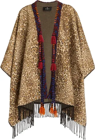 Woman Cape In Animalier Wool With Fringes