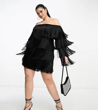 ASOS LUXE Curve off the shoulder fringe mini dress in black
