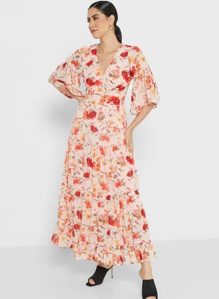 Flute Sleeve Floral Dress