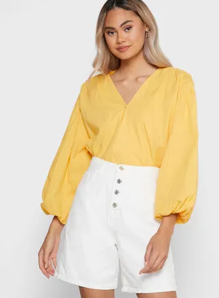 Surplice Neck Balloon Sleeve Top