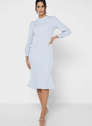 Puff Sleeve Waist Band Scuba Dress