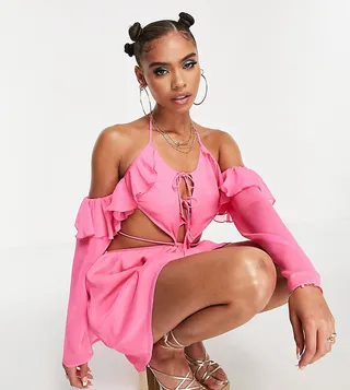 ASYOU tie front off shoulder dress in pink