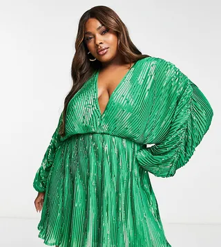 ASOS DESIGN Curve embellishment mini dress with blouson sleeve in green