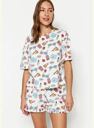 Multicolored Print Detail Pajamas Set