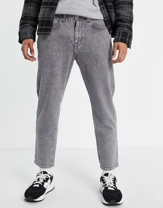Selected Homme cotton Chris relaxed crop jeans in gray acid wash - gray