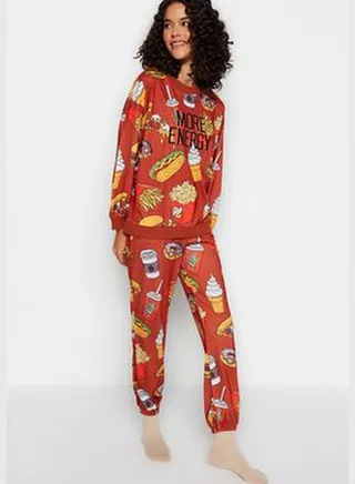 Tile Motto Embroidered Printed Sweatshirt-Jogger Knitted Pajamas Set THMAW23PT00064