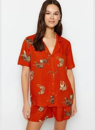 Tile Animal Pattern Viscose Shirt-Shorts Weave Pajamas Set
