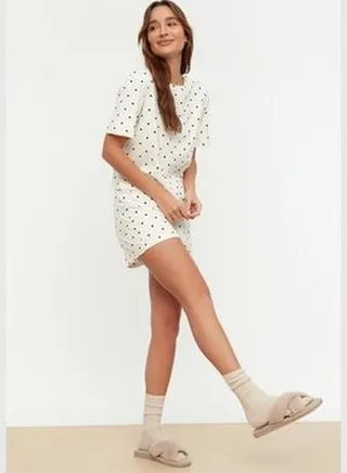 White 100% Cotton Heart Patterned T-shirt-Shorts and Knitted Pajamas Set THMSS21PT1485