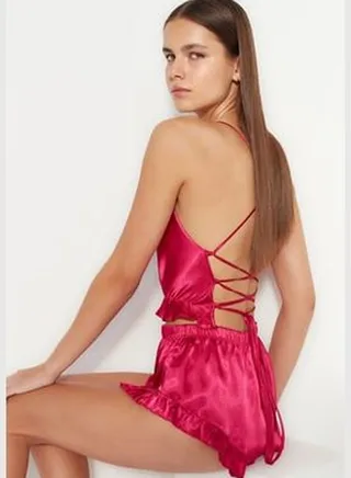 Fuchsia Ruffle and Back Detail Satin Singlet-Shorts, Woven Pajamas Set THMSS23PT00048.