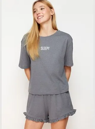 Anthracite Melange Slogan Single Jersey Knitted Pajama Set