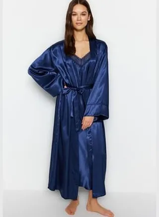 Weave Satin Negligee With Indigo Belt THMSS23SB00006