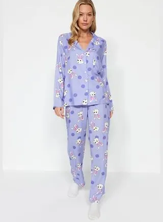 Lilac Rabbit Pattern Shirt-Pants Weave Woven Pajamas Set THMAW21PT0048.