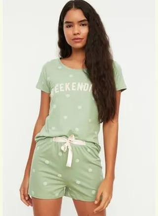 Mint Polka Dot T-shirt-Shorts and Knitted Pajamas Set THMSS20PT0215