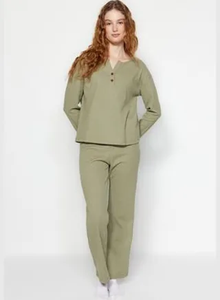 Green 100% Cotton Waffle T-shirt-Pants and Knitted Pajamas Set THMAW24PT00126