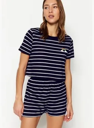 Navy Blue Rainbow Printed T-shirt with Shorts and Knitted Pajamas Set THMSS20PT0230