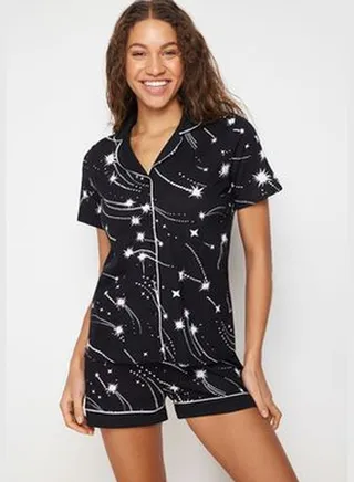 Black 100% Cotton Piping Detailed Shirt-Shorts Knitted Pajama Set