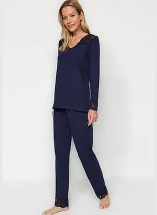 Navy Blue 100% Cotton T-shirt-Pants with Lace Detailed Knitted Pajamas Set THMAW24PT00199.