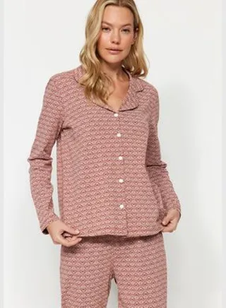 Brown 100% Cotton Ethnic Pattern Shirt-Pants Knitted Pajamas Set