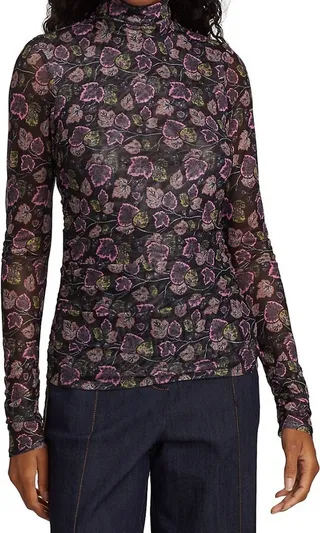 Shirred Ivy Turtleneck Top in Black Multi