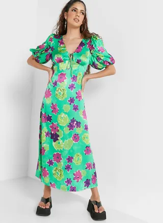 Floral Print Balloon Sleeve Tie Detail Dress