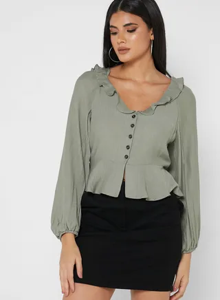 Ruffle Button Detail Peplum Top