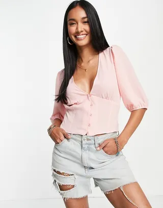 ASOS DESIGN button front tea blouse with volume sleeve and tie back detail in rose