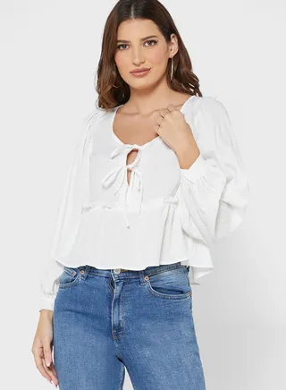 Tie Detail Crop Peplum Top