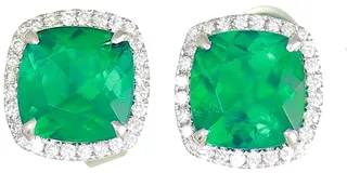 18K White Gold Cushion Lab-Created Emerald & Diamond Halo Stud Earrings